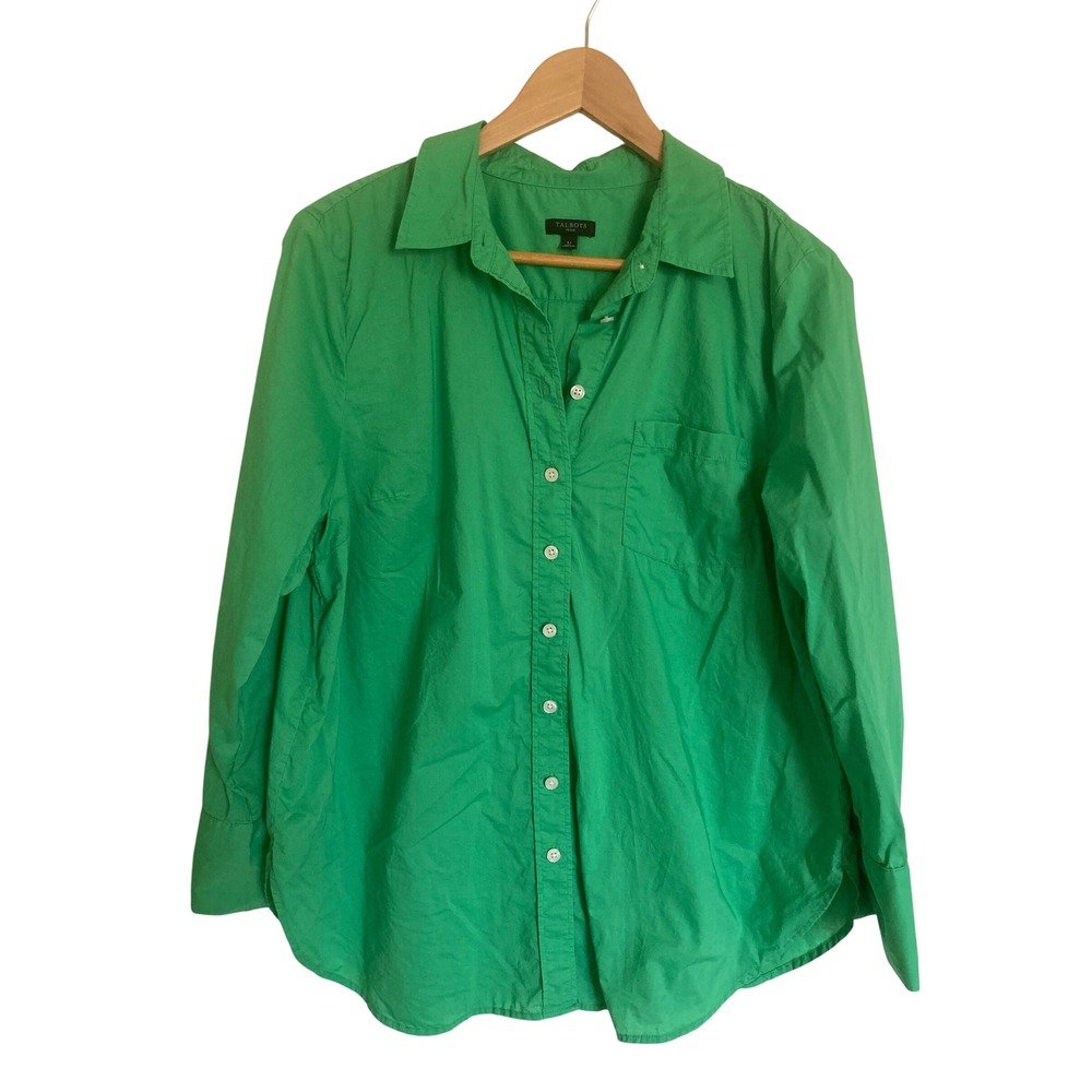 Talbots Petite Green Cotton Button Down Shirt Long Sleeve‎ Pocket Top LP BD2706